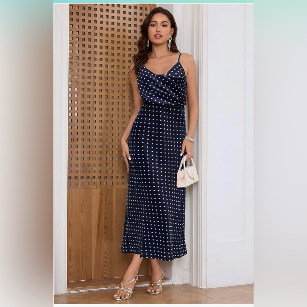 NWT LUNAMODA Polkadot Navy Blue/White Maxi Sundress, Large